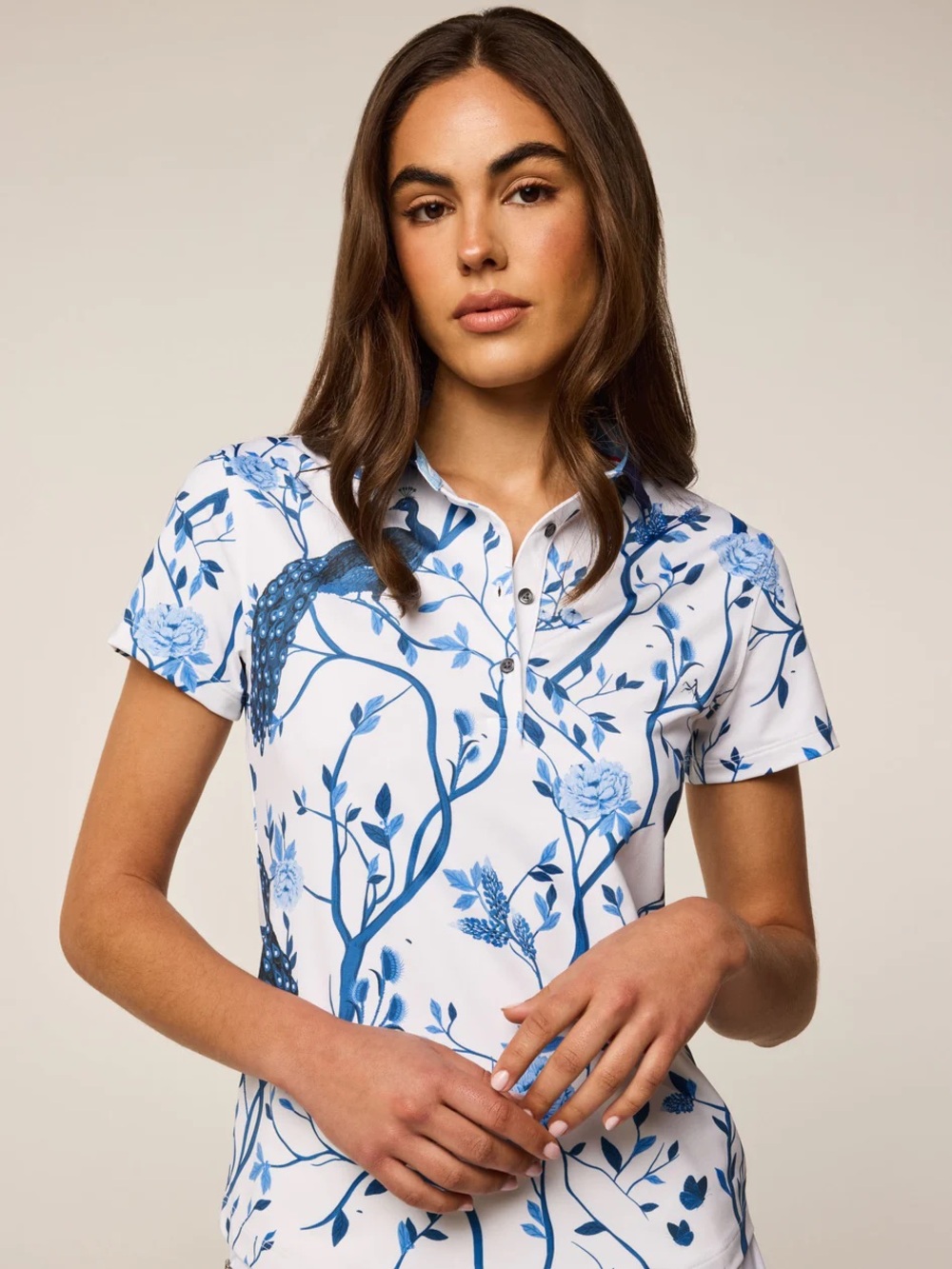 Greyson || Garden of Venus Scarlett Polo Birds Peacocks Arctic Blue White S NWT